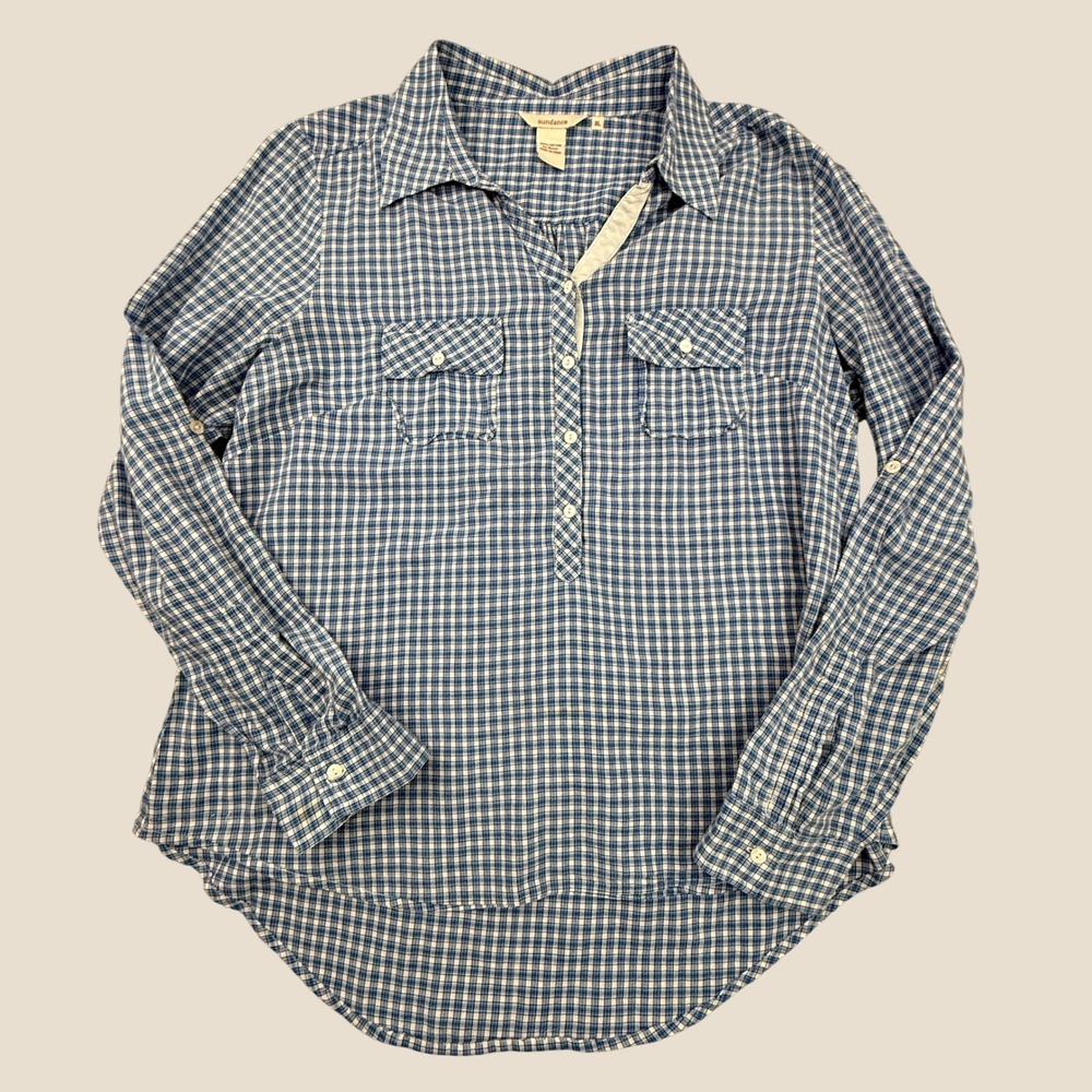 Sundance Plaid Pullover Women Extra Large Blue Gingham Roll Tab Long Sleeve